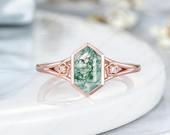 5x9mm Hexagon Cut Natural Moss Agate Wedding Ring 14k Gold Split Shank Anniversary Ring Agate Engagement Rings For Women Flower Promise Ring