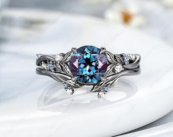 7mm Round Shaped Alexandrite Wedding Rings Black Gold Gothic Alexandrite Promise Rings For Women Leaf Nature Inspired Anniversary Ring Gifts