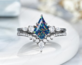 6x9mm Kite Black Opal Engagement Ring Set Black Gold Gothic Fire Opal Wedding Rings For Women Moissanite Cluster Anniversary Promise Rings