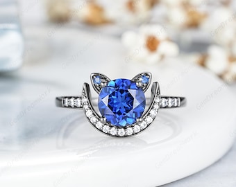 7mm Round Shape Cornflower Blue Sapphire Engagement Ring Custom Cat Anniversary Rings Gift For Women Personalized Blue Sapphire Wedding Ring