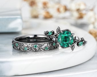 2pcs Emerald Couple Ring Set Nature Leaf Branch Wedding Rings For Women And Men Custom His And Hers May Birthstone Promise Rings Mens Ring