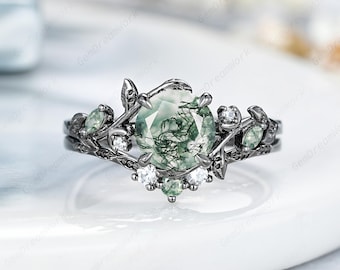 7mm Round Shaped Moss Agate Wedding Rings Leaf Nature Inspired Moon Women Promise Rings Gothic Black Gold Nature Agate Engagement Ring Set