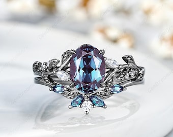 6x8mm Oval Shape Alexandrite Engagement Ring Set Leaf Floral Nature Inspired Wedding Ring Jewelry For Women June Birthstone Anniversary Gift