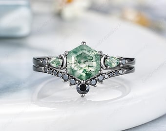 6mm Hexagon Cut Moss Agate Engagement Ring Set Gothic Black Gold Sailor Moon Wedding Rings For Women Nature Agate Anniversary Promise Rings