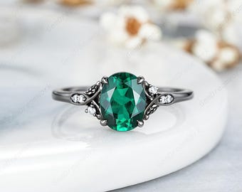 Oval Emerald Engagement Ring Set Antique Green Emerald Wedding Ring Gothic Black Gold May Birthstone Promise Anniversary Rings for Women