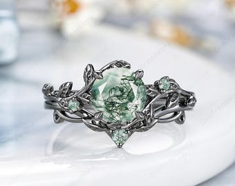 7mm Round Moss Agate Engagement Ring Set Gothic Black Gold Wedding Ring Nature Inspired Leaf Anniversary Rings For Women Agate Promise Rings