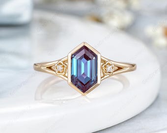 Elongated Hexagon Cut Alexandrite Engagement Ring Vintage Three Stone Wedding Ring Floral Inspired Anniversary Ring Women Promise Ring Gifts