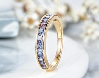 Vintage Alexandrite Half Eternity Wedding Ring 14k Rose Gold Channel Stacking Rings For Women Alexandrite Anniversary Rings For Women Gifts