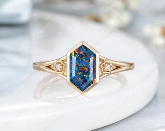 Elongated Hexagon Cut Black Opal Engagement Ring 14k Rose Gold Three Stone Fire Opal Wedding Ring Vintage Bezel Anniversary Rings For Women