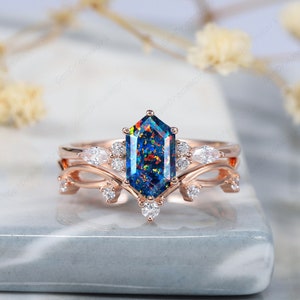 Unique Long Hexagon Black Opal Engagement Ring Set, Vintage 14K Rose Gold Opal Promise Ring Art Deco Mixed Fire Opal Wedding Ring Bridal Set
