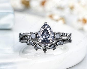 Pear Shape Gray Moissanite Engagement Ring Set Gothic Black Gold Women Grey Moissanite Anniversary Ring Black Moissanite Curved Wedding Ring