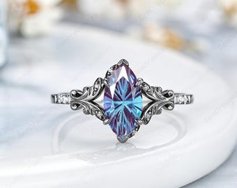 5x10mm Marquise Cut Fireworks Alexandrite Engagement Ring Black Gold Butterfly Jewelry June Alexandrite Birthstone Women Anniversary Rings