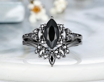 Marquise Black Moissanite Engagement Ring Set, Cluster Black Moissanite Wedding Ring Gothic Curved Wedding Band Promise Rings For Women Gift