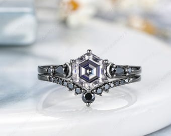 7mm Hexagon Cut Gray Moissanite Engagement Ring Set Gothic Black Gold Moon Promise Ring Gifts Curved Wedding Band Women Anniversary Jewelry