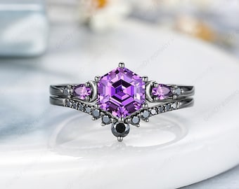 Hexagon Cut Purple Sapphire Engagement Ring Set Gothic Black Gold Sailor Moon Promise Rings Violet Sapphire Wedding Rings For Women Gifts