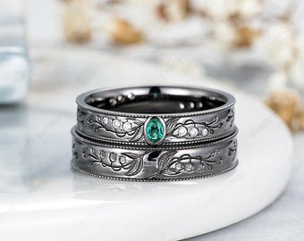 Lily Of The Valley  Nature Inspired Wedding Bands Set Black Gold Anniversary Rings For Women And Men Custom His And Hers Couple Rings Gifts