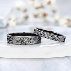 Celtic Sailor&#39;s Knot Promise Rings For Women And Men Black Gold Milgrain Couple Ring Set Custom His And Hers Wedding Bands Stacking Men Ring