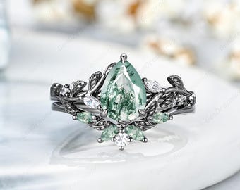 Pear Shape Moss Agate Engagement Ring Set Gothic Black Gold Nature Agate Wedding Ring Nature Inspire Leaf Floral Anniversary Rings For Women
