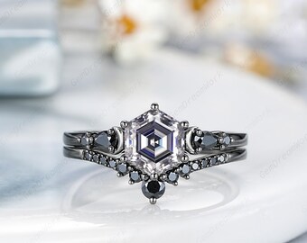 Hexagon Cut Gray Moissanite Engagement Ring Set Gothic Black Gold Sailor Moon Promise Rings Grey Moissanite Wedding Rings For Women Gifts