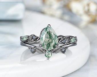 6x8mm Pear Shaped Moss Agate Engagement Ring Set Gothic Black Gold Leaf Inspired Wedding Ring Personalized Women Anniversary Promise Rings