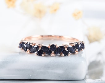 Marquise Galaxy Blue Sandstone Straight Wedding Band, Rose Gold Half Eternity Sandstone Matching Band, Blue Quartz Anniversary Promise Rings
