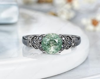 7mm Round Shape Nature Moss Agate Engagement Ring Gothic Black Gold Anniversary Ring Butterfly Milgrain Wedding Rings For Women Promise Ring