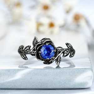 Round Blue Sapphire Engagement Ring Vintage Leaf Floral Black Gold Wedding Ring Solitaire Nature Inspired Promise Ring For Women Anniversary
