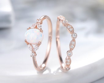 Unique Oval Cut White Opal Engagement Ring Set, Vintage Rose Gold Opal Bridal Wedding Set, Opal Promise Anniversary Ring Gift for women