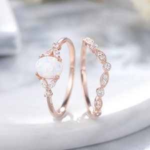 Unique Oval Cut White Opal Engagement Ring Set, Vintage 14K Rose Gold Opal Bridal Wedding Set, Opal Promise Anniversary Rings Gift for Women