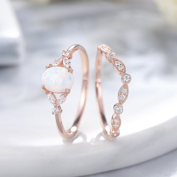 Unique Oval Cut White Opal Engagement Ring Set, Vintage Rose Gold Opal Bridal Wedding Set, Opal Promise Anniversary Ring Gift for women