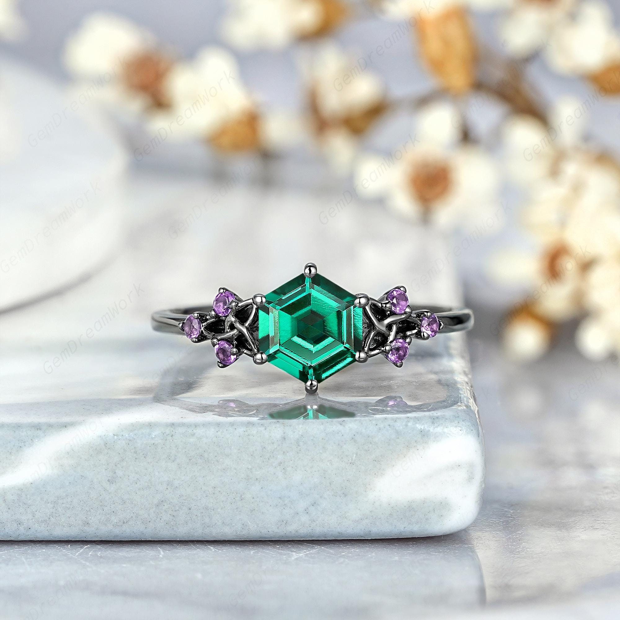 Hexagon Cut Emerald Engagement Ring Gothic Celtic Knot Wedding Hexagon Cut Emerald Engagement Ring Gothic Celtic Knot Wedding