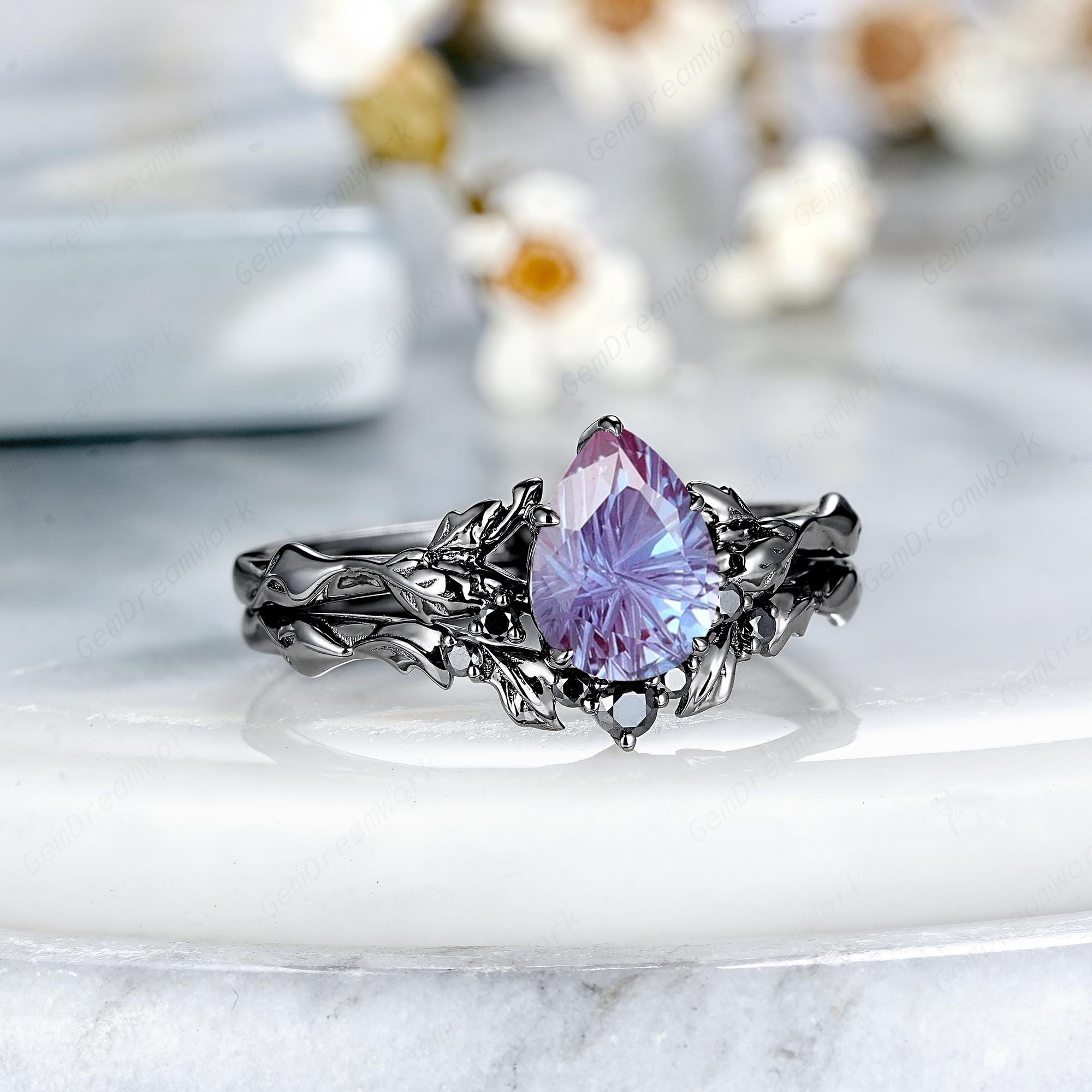 Vintage Starbrite Fireworks Cut Alexandrite Engagement Ring Set