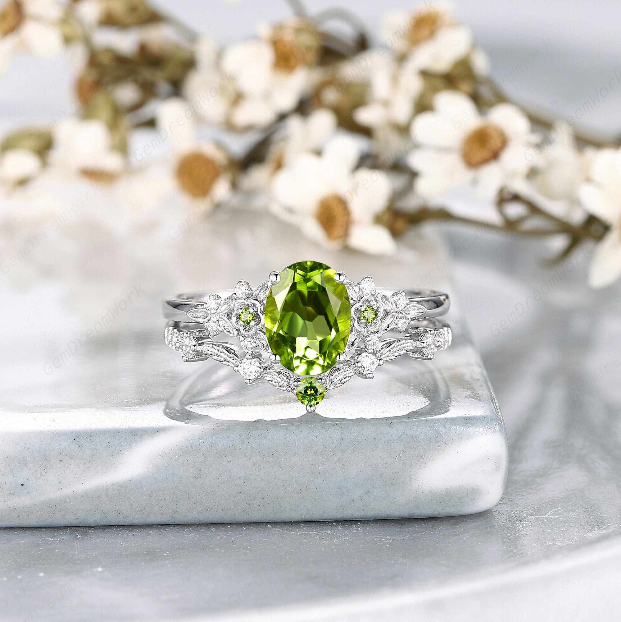 Platinum Oval Shape Peridot and Diamond Bridal Set, Unique White Gold  Floral Wedding Set, Engagement Promise August Birthstone Ring Gift