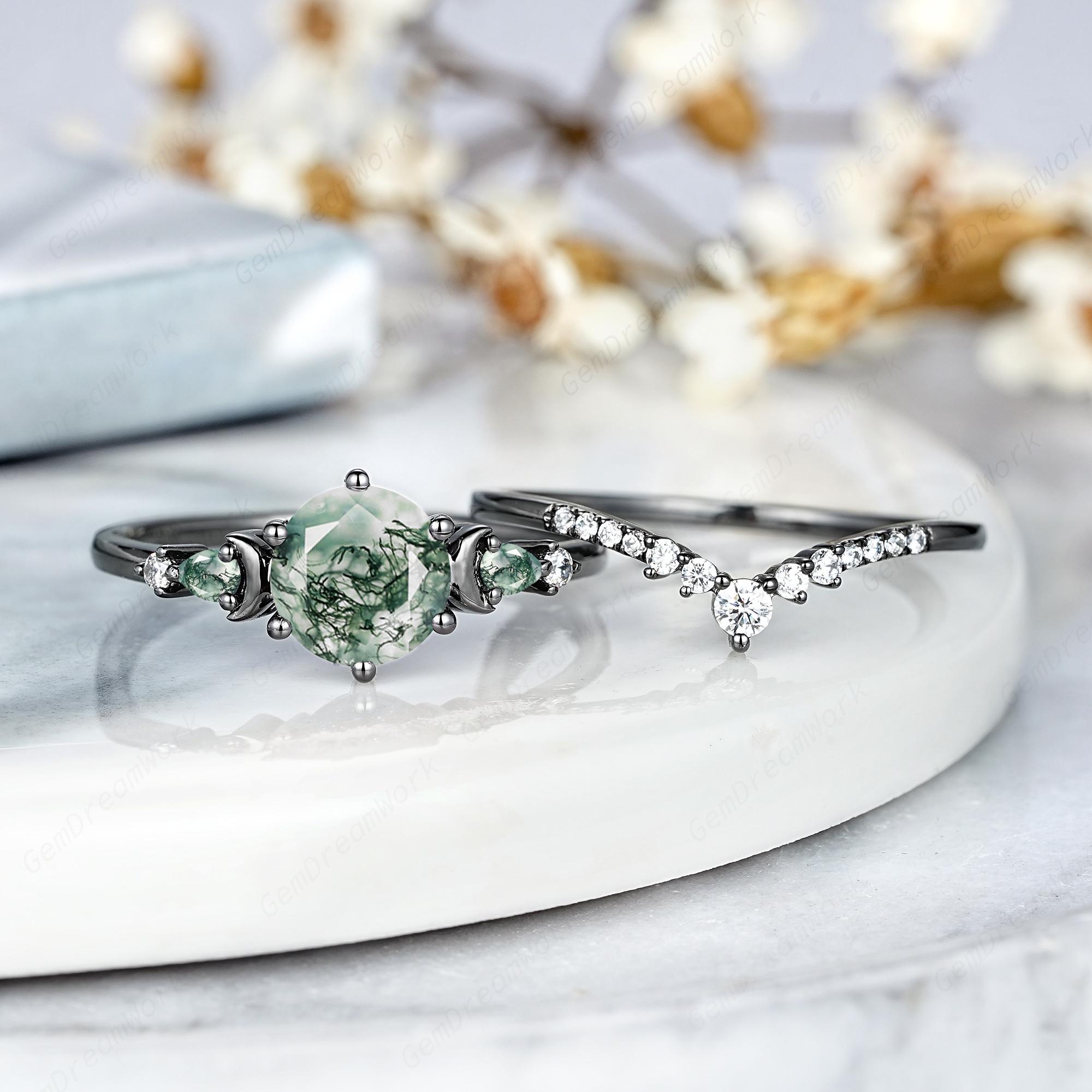 IRROYA Black Gold Plated Moss Agate Wedding Ring Set For Women - 925 Sterling Silver Gothic Bridal Set