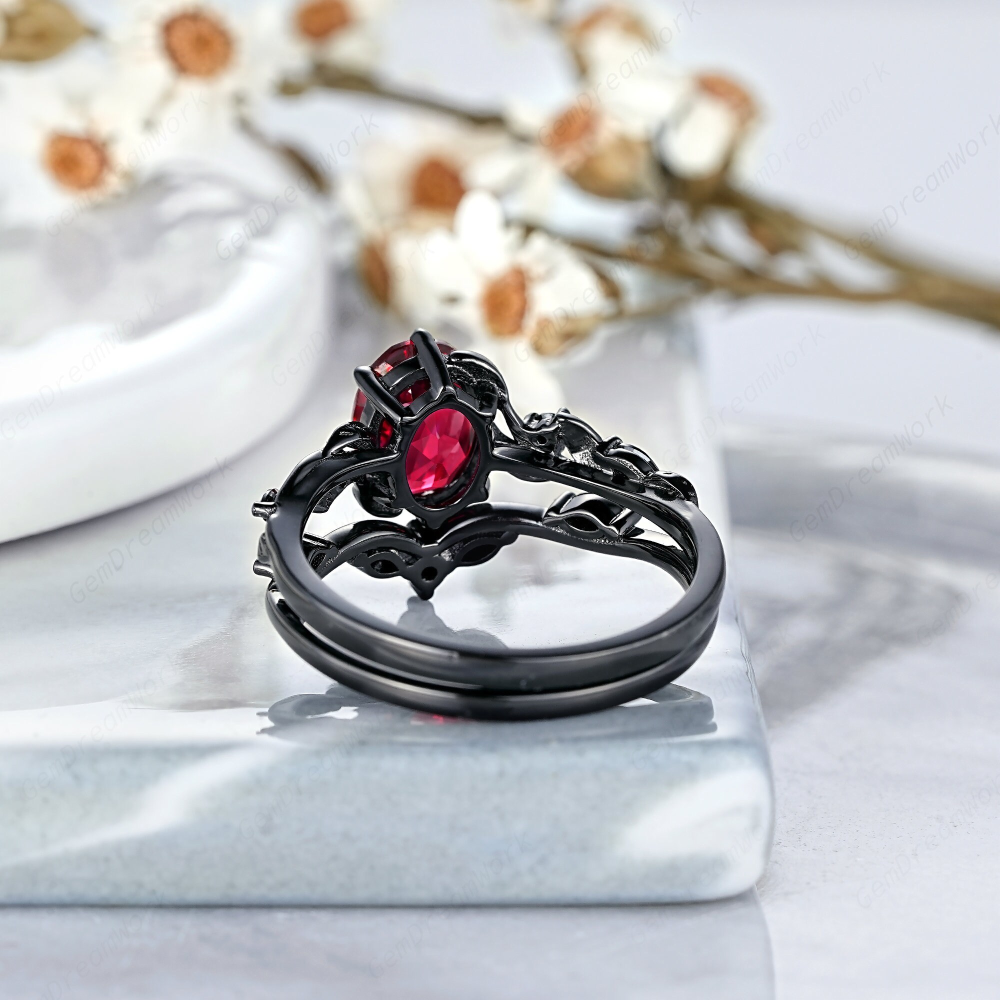 Art Deco Leaf Natural Inspired Engagement Ring Set, 14k Rose
