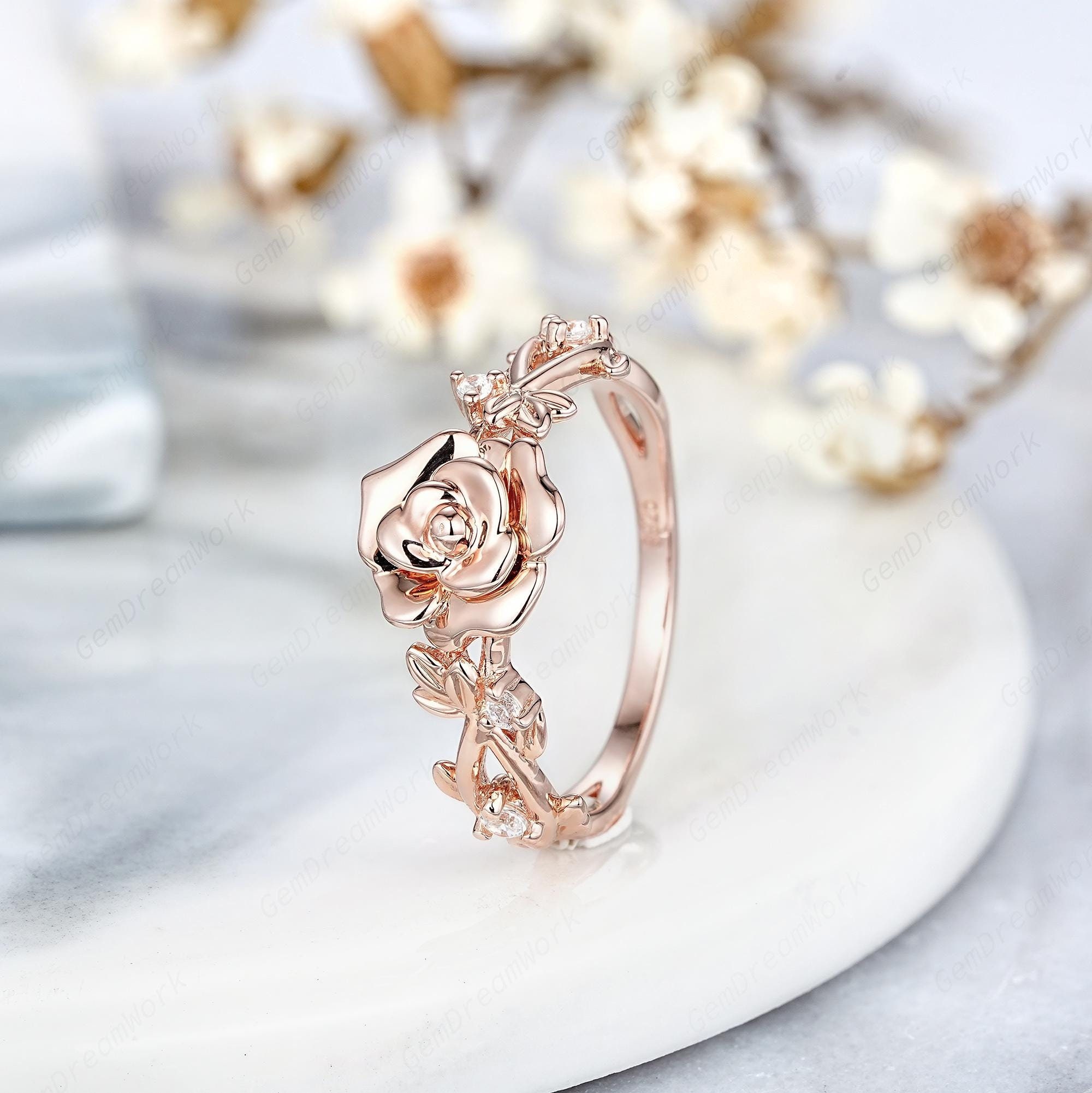 Vintage Rose Flower Engagement Ring Custom Leaf Nature Inspired Wedding Rings for Women 14k Rose Gold June Birth Flower Anniversary Rings Etsy