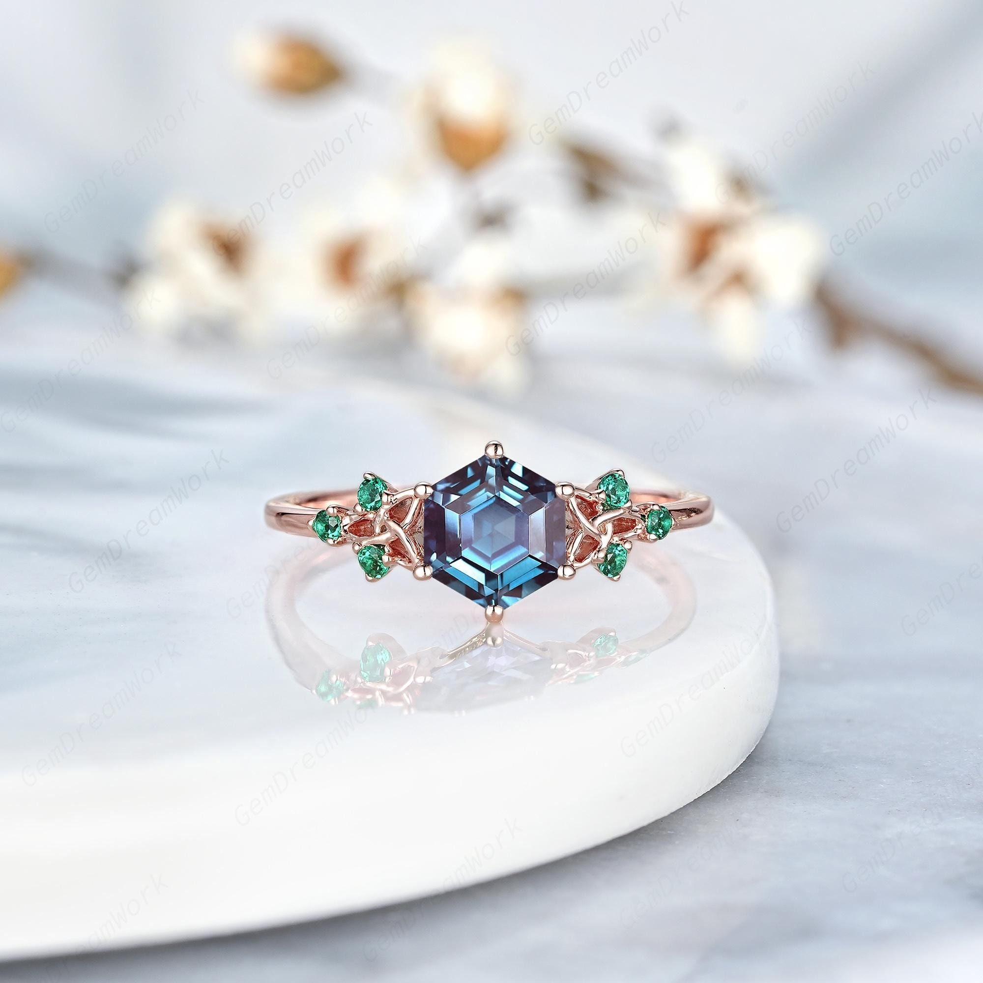 Hexagon Alexandrite Engagement Ring 14k Gold Celtic Knot Wedding