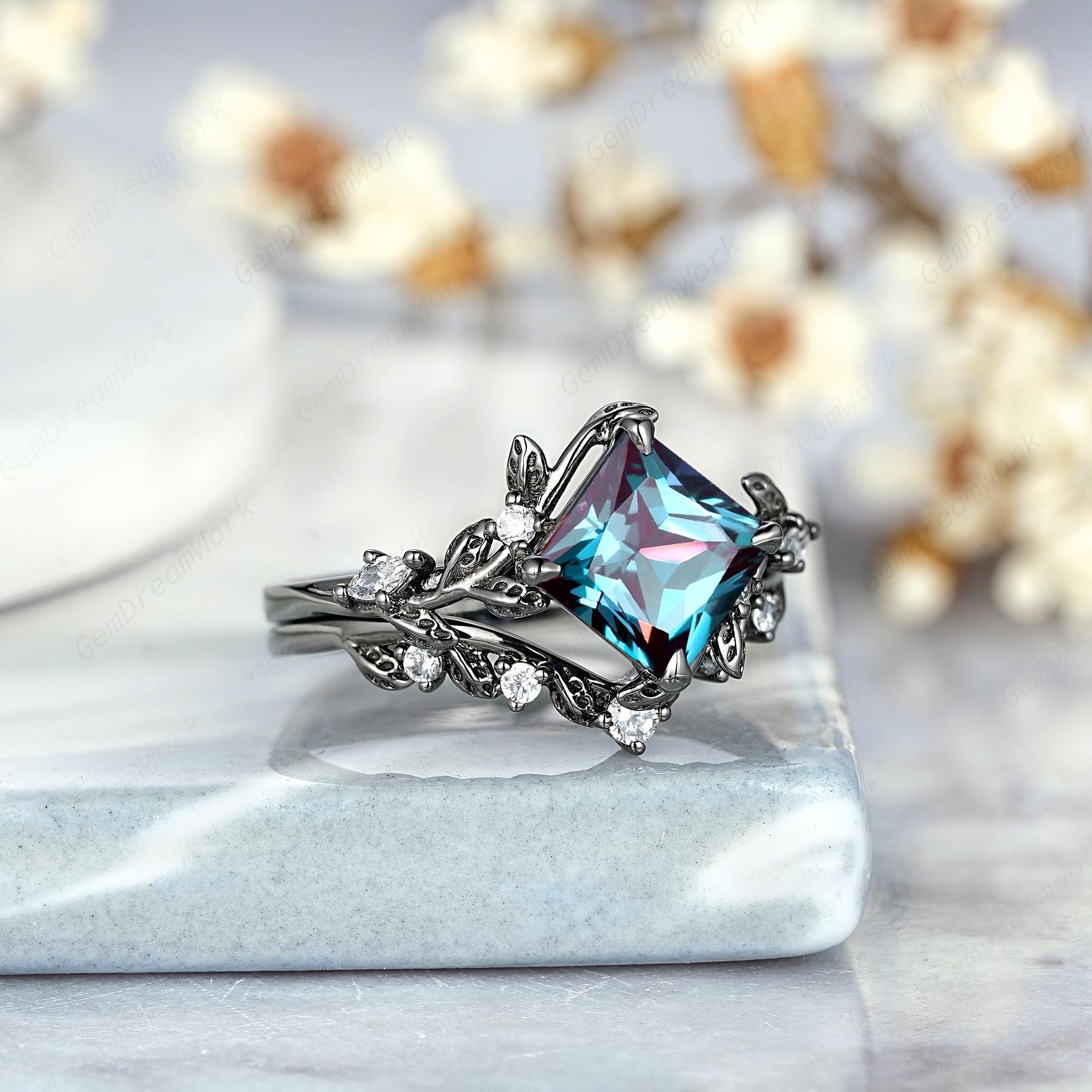 Princess Alexandrite Engagement Ring Set Gothic Black Gold Leaf