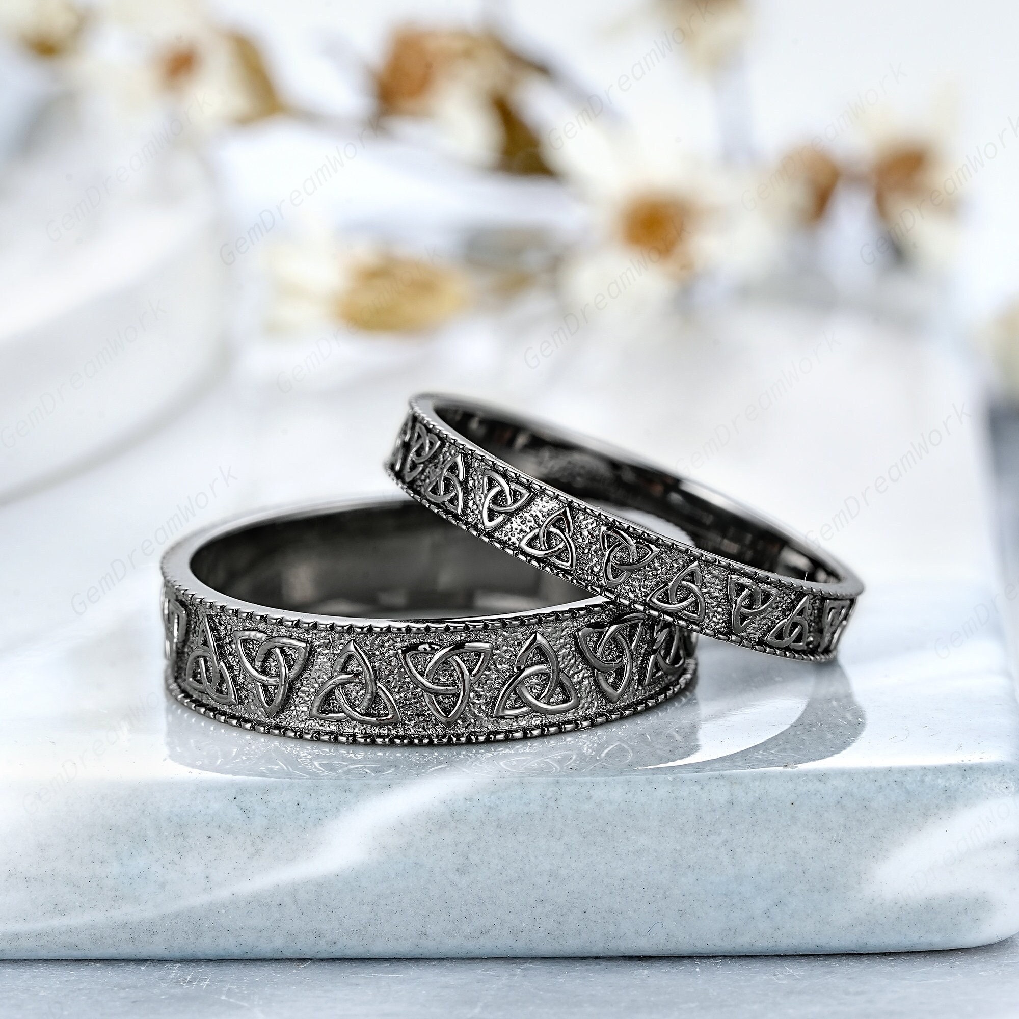 Vintage Celtic Knot Couple Ring Set Black Gold Mens Wedding Band