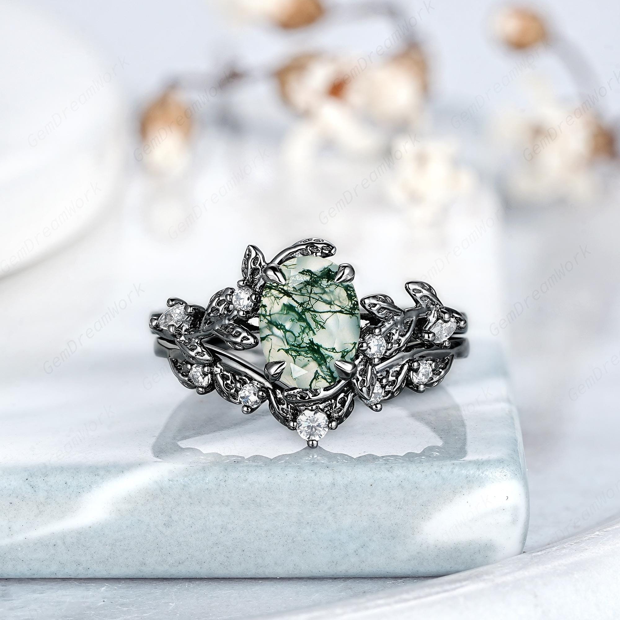Oval Nature Moss Agate Wedding Rings Black Gold Nature Inspired Leaf Branch Anniversary Rings For Women Gift Green Agate Engagement Ring Set