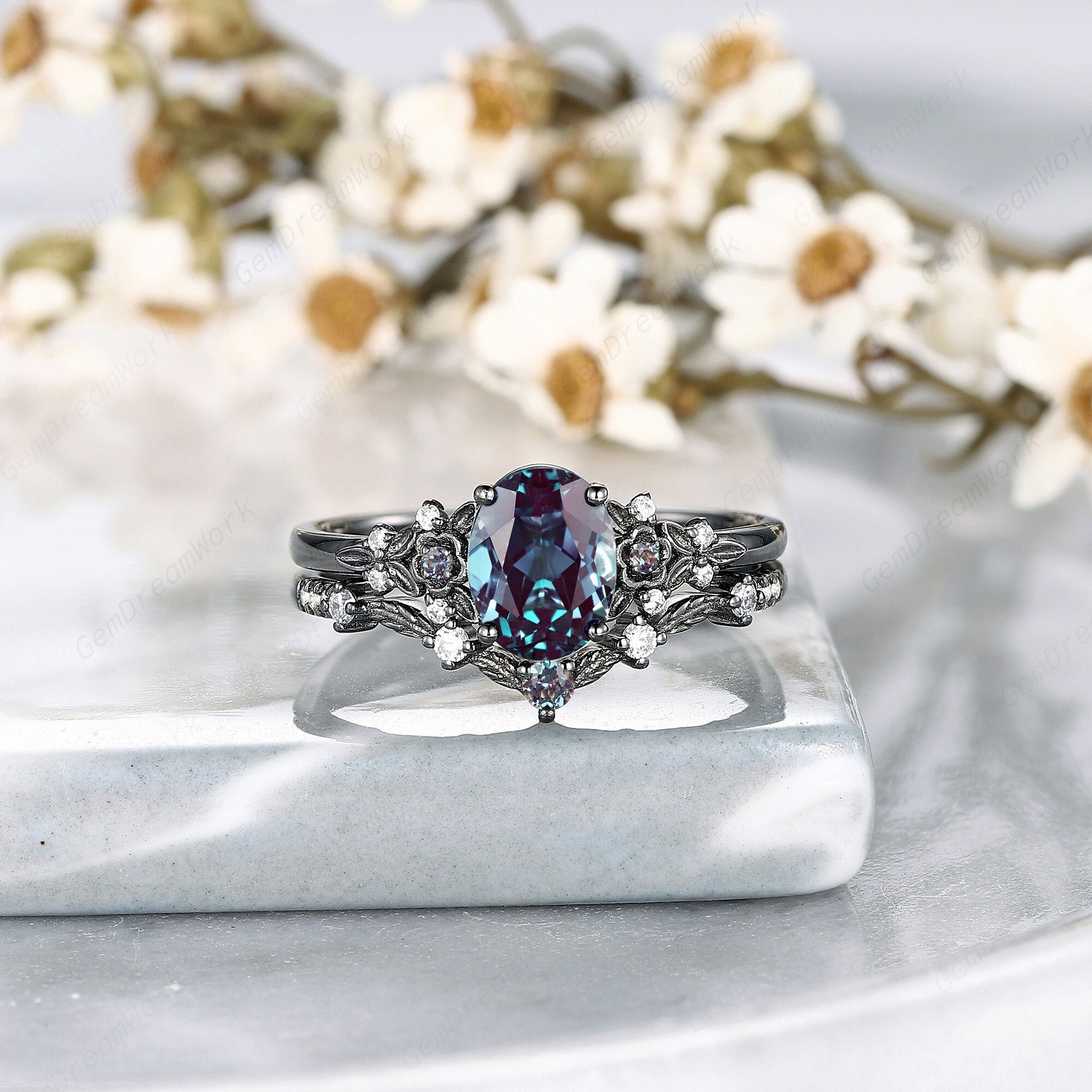Gothic Oval Shape Alexandrite and Diamond Engagement Ring Set, Unique Rhodium Black Wedding Set, Gothic Black Promise Ring Gift Bridal Set