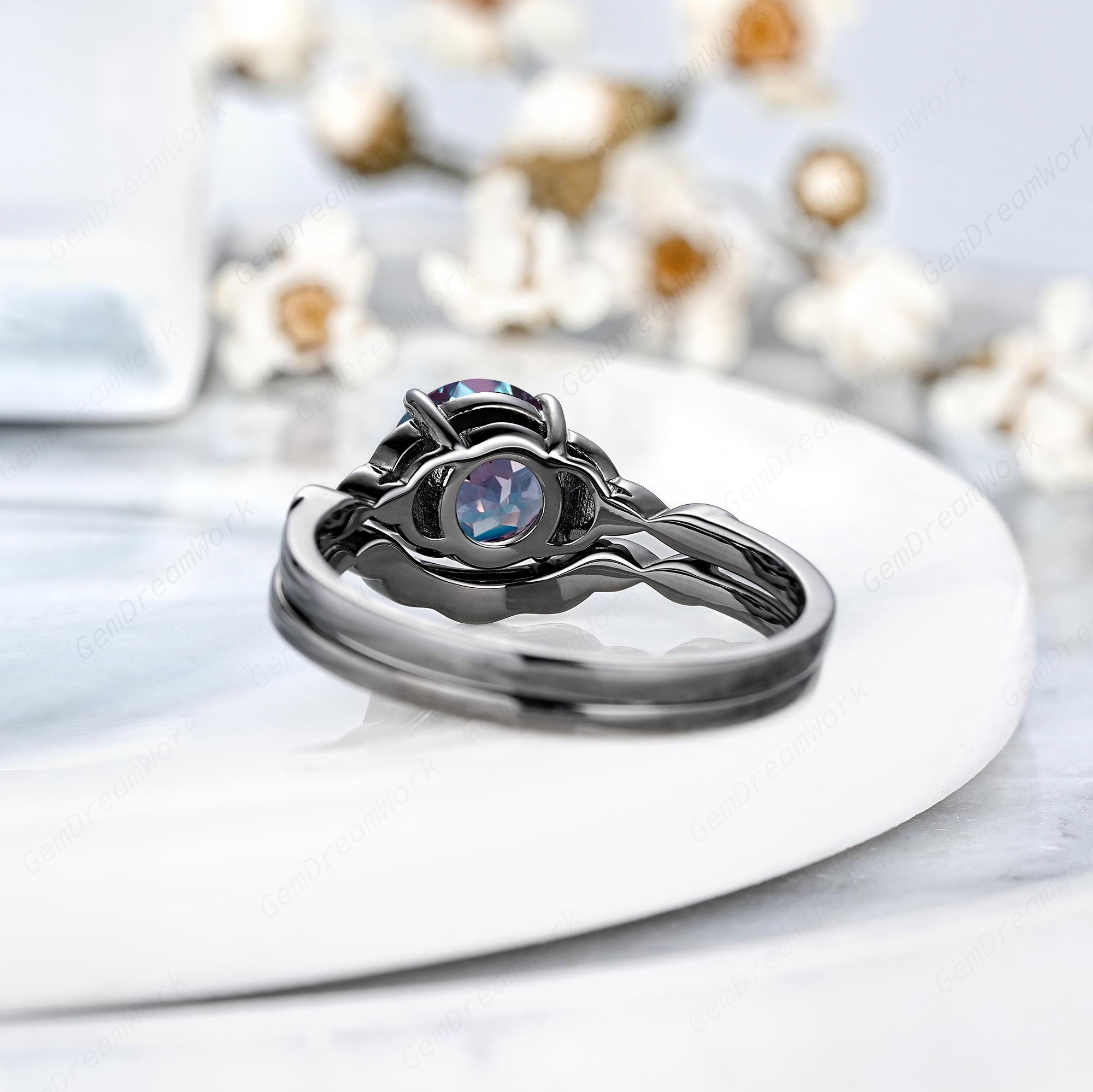 Round Alexandrite Engagement Ring Set Black Gold Celtic Knot