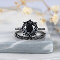 Vintage Black Gold Round Cut Black Moissanite Floral Engagement Ring Set Unique Black Diamond Halo Wedding Set Women Promise Ring Bridal Set