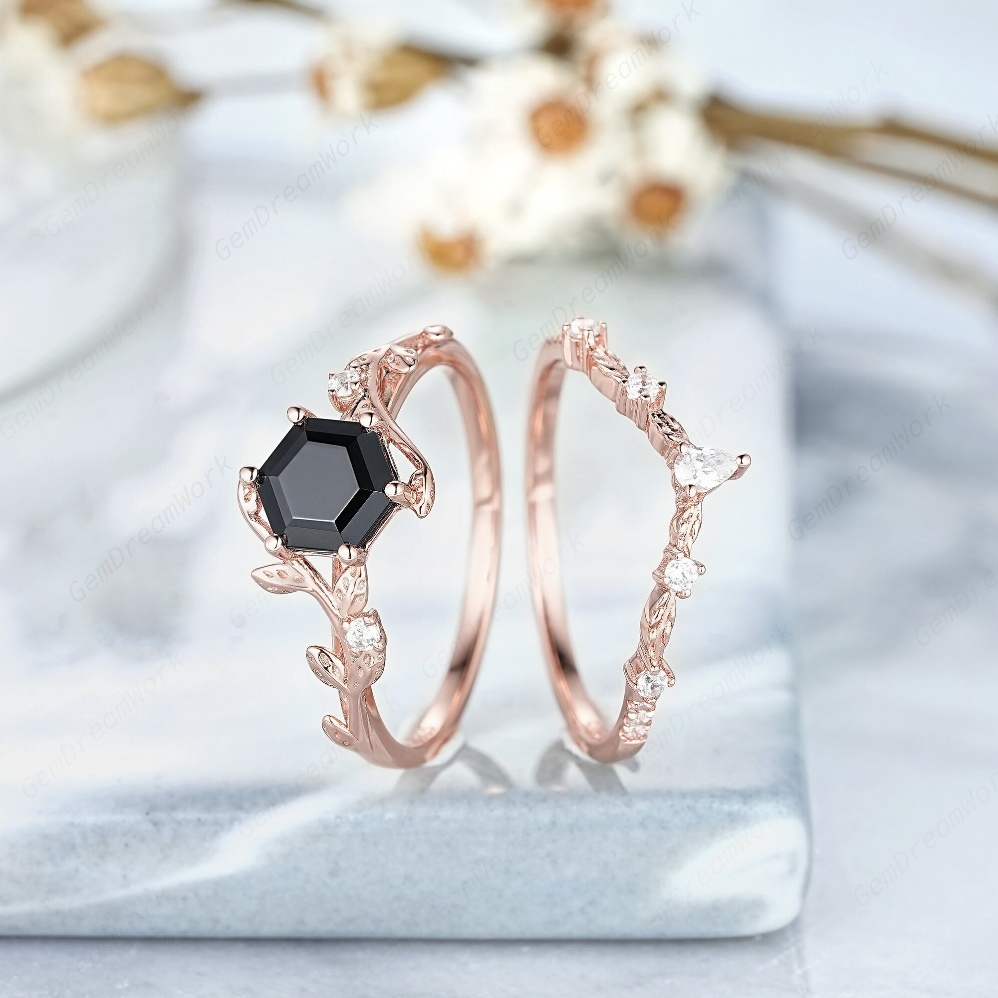 Hexagon Black Onyx Engagement Ring Set 14k Rose Gold Leaf Vine