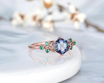 Hexagon Alexandrite Engagement Ring 14k Gold Celtic Knot Wedding