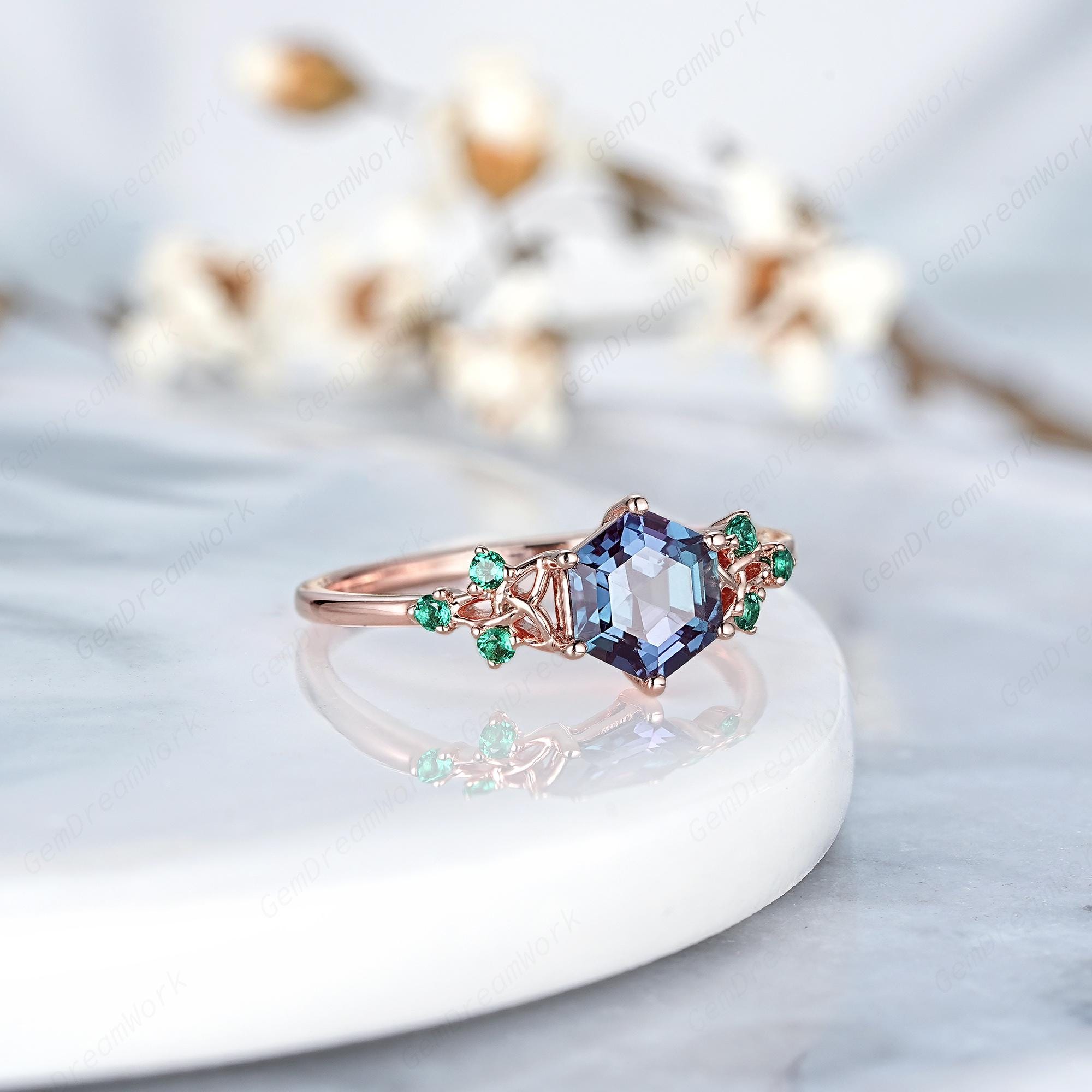 Hexagon Alexandrite Engagement Ring 14k Gold Celtic Knot Wedding