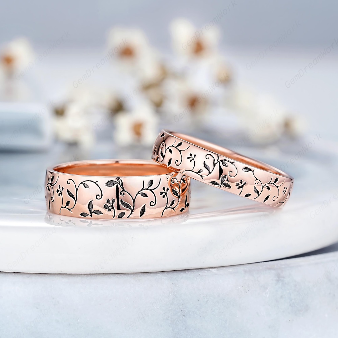 Vintage Leaf Flower Couple Ring Set Gold Two Tones Anniversary