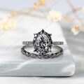 Vintage Black Gold Oval Gray Moissanite Engagement Ring Set, Unique Grey Moissanite Black Diamond  Halo Wedding Set, Promise Ring Bridal Set