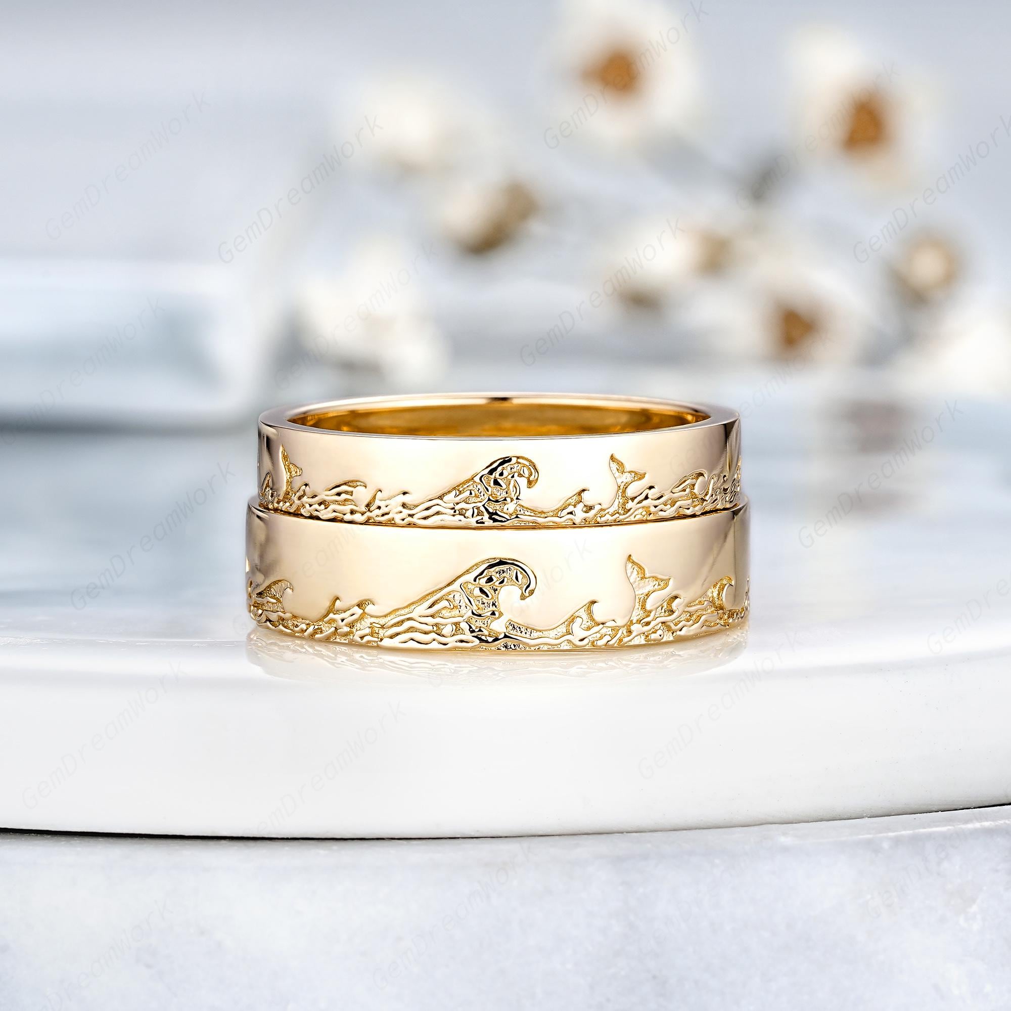 Yellow Gold Wave Couple Ring Set Custom Anniversary Rings for