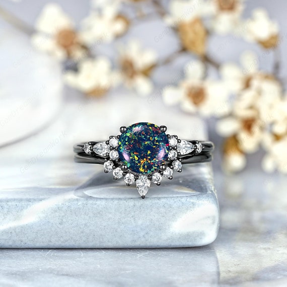 Round Black Opal Engagement Ring Set Gothic Black Fire Opal